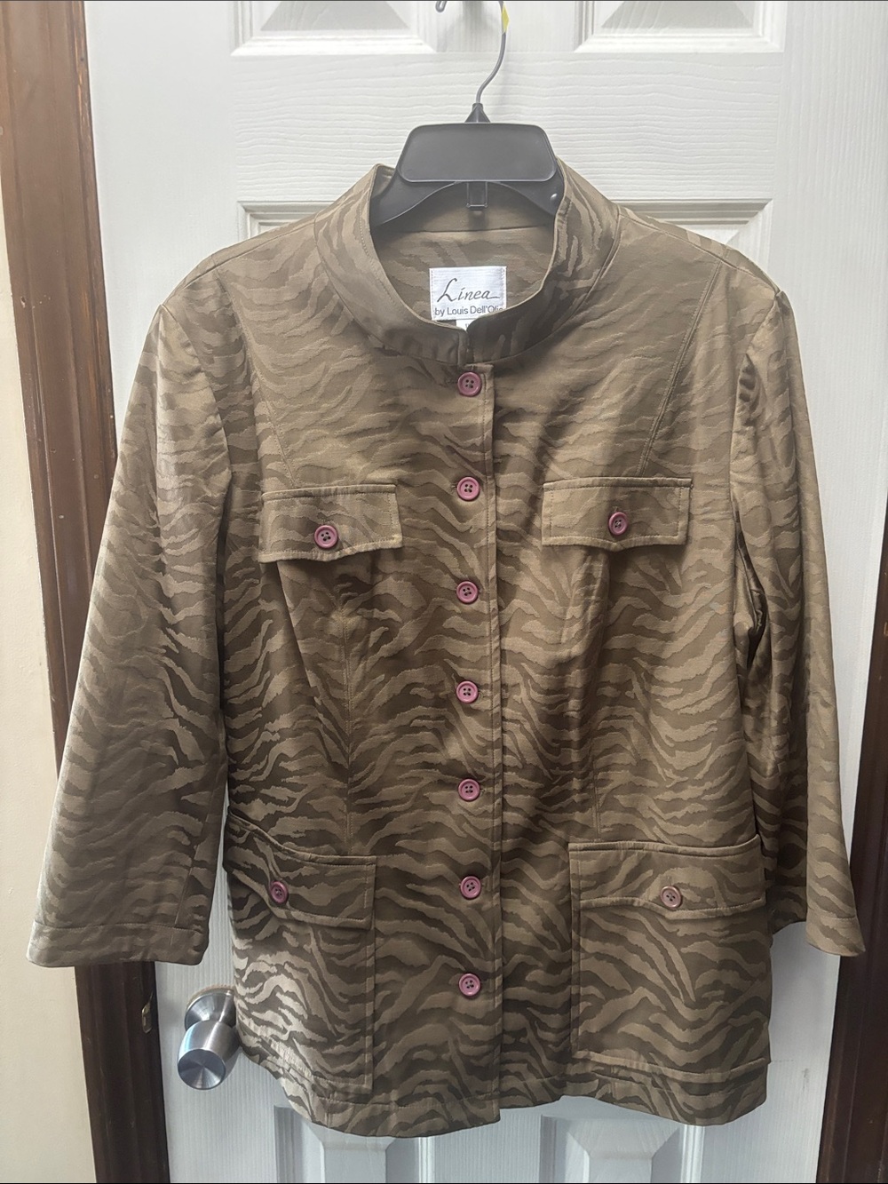 Linea by Louis Dell'Ollio Olive Zebra-Print Utility Jacket with Contrast Buttons